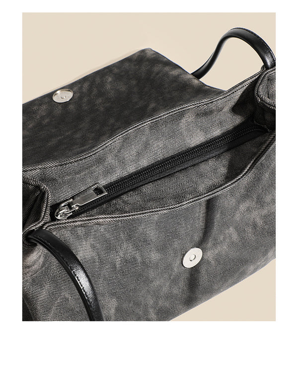 Washed leather-look shoulder tote bag with silver butterfly emblem and buckle hardware, detail view 15