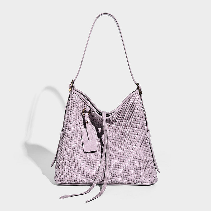Slouchy woven-texture bucket shoulder bag with tassel tie closure and gold-tone hardware, detail view 14