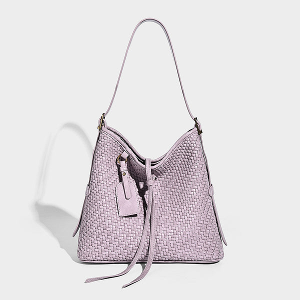 Slouchy woven-texture bucket shoulder bag with tassel tie closure and gold-tone hardware, detail view 14