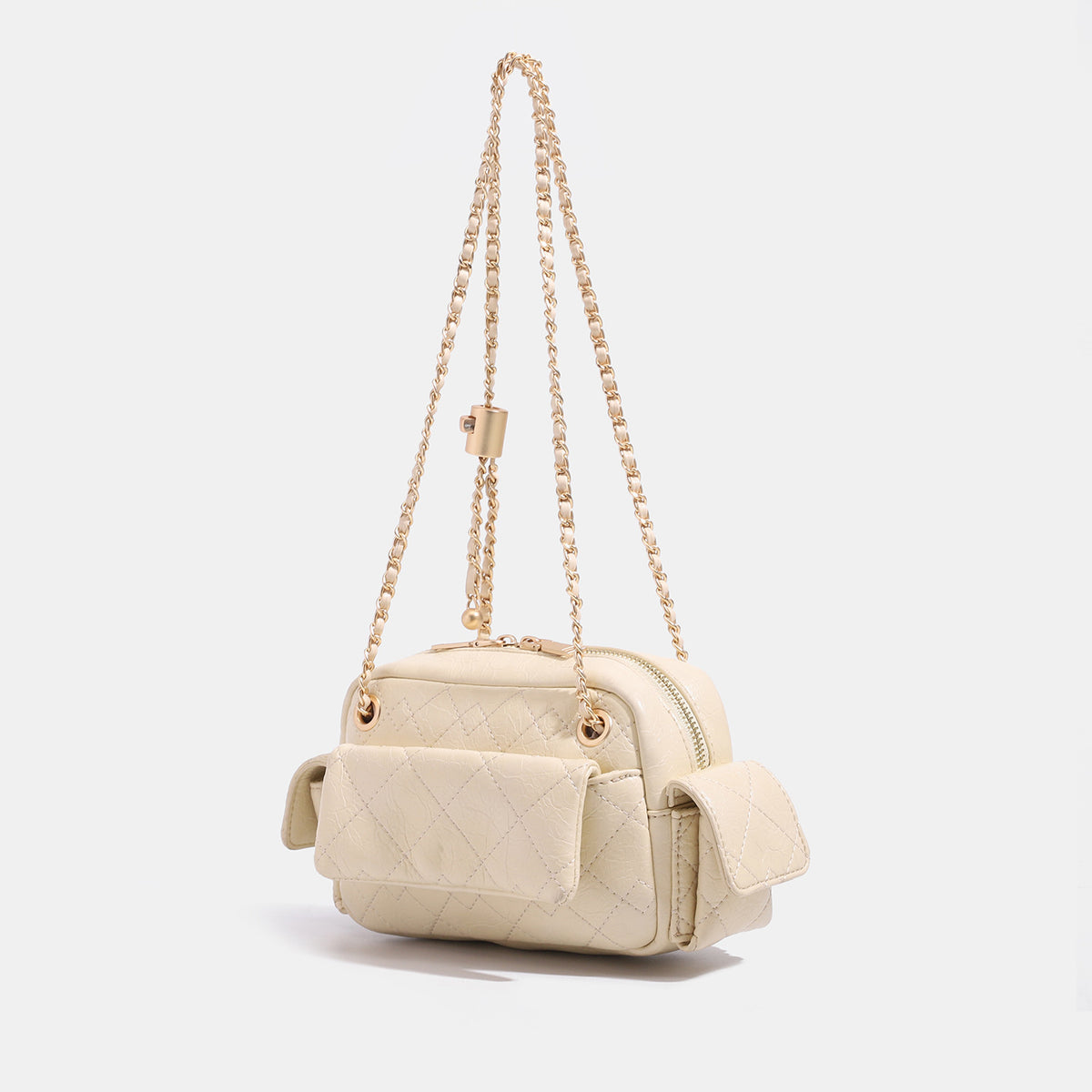Compact quilted diamond-stitch crossbody bag with gold-tone chain strap and top zip closure, detail view 3