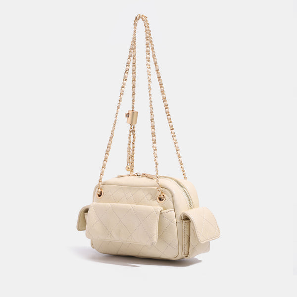 Compact quilted diamond-stitch crossbody bag with gold-tone chain strap and top zip closure, detail view 3