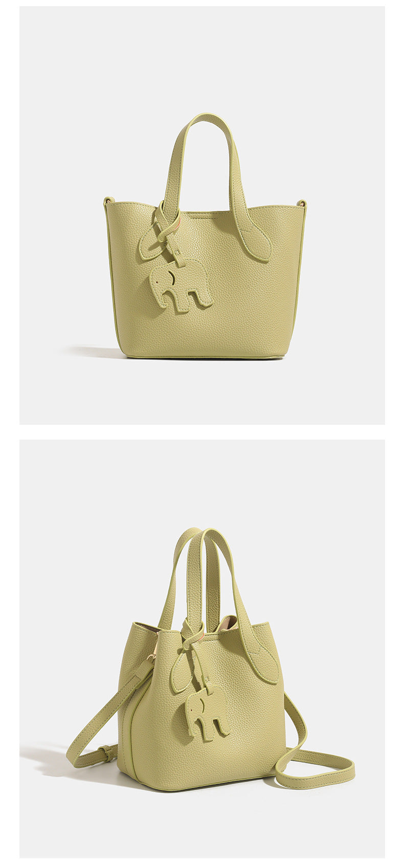 Pebbled leather-look bucket tote with elephant charm pendant, dual top handles, and detachable shoulder strap, detail view 11