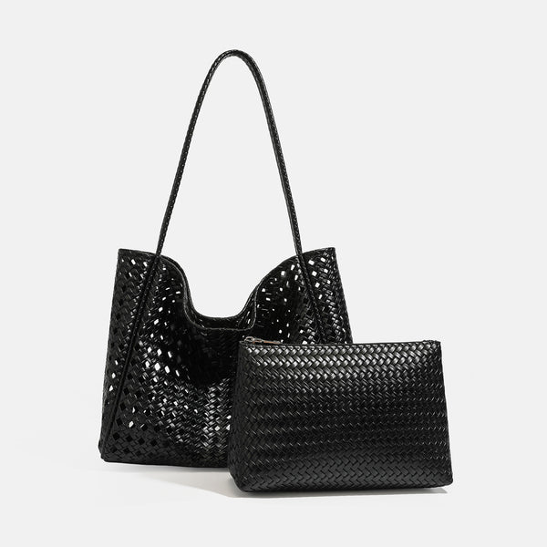 Slouchy open-lattice woven shoulder tote bag with long braided straps and matching zip pouch, detail view 8