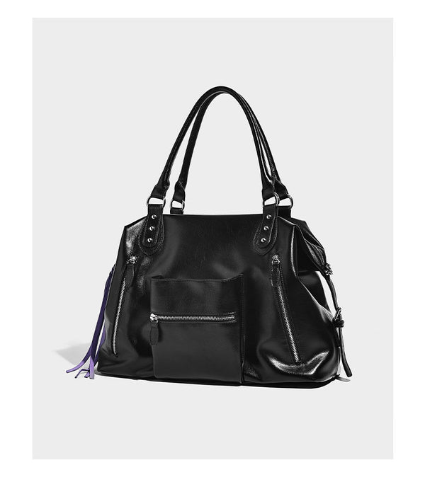 Glänzende strukturierte Tote-Henkeltasche mit zwei Tragegriffen, abnehmbarem Crossbody-Riemen, Reißverschlusstaschen auf der Vorderseite und silberfarbenen Beschlägen