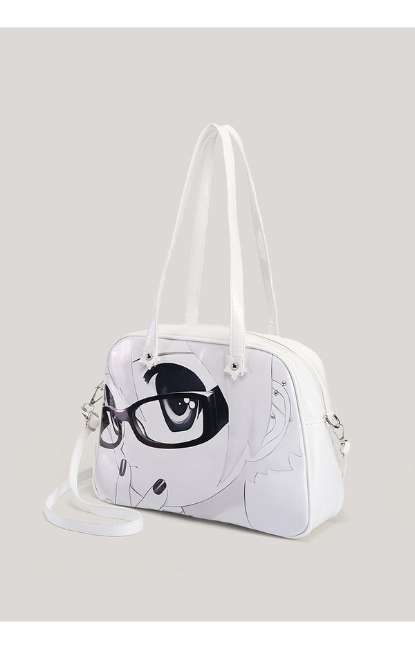 Glänzende weiße strukturierte Tote-Bag mit schwarz-weißem Anime-Gesichtsmotiv, Reißverschluss oben und zwei Henkeln, Detailansicht