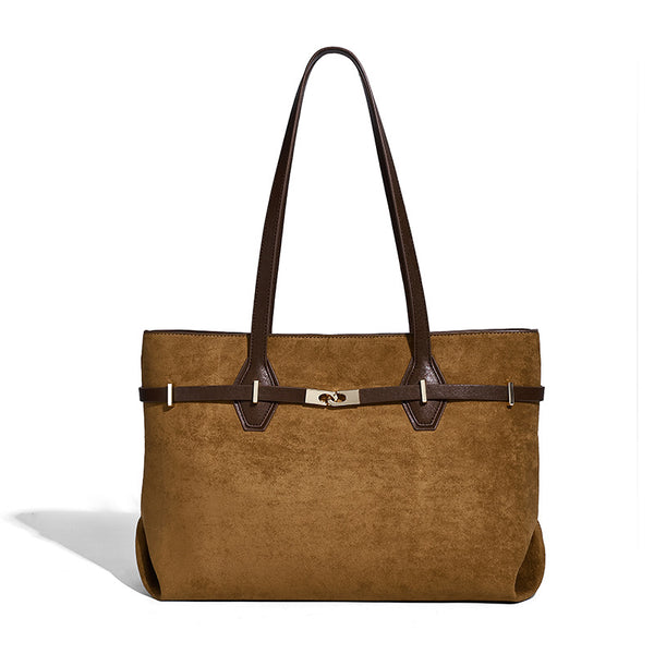 Structured suede-look shopper tote with wraparound belt strap and gold turn-lock clasp, long dark brown shoulder handles