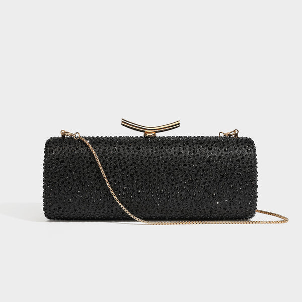 Structured rectangular hard-case clutch bag covered in all-over rhinestone crystal embellishment with curved kiss-lock top