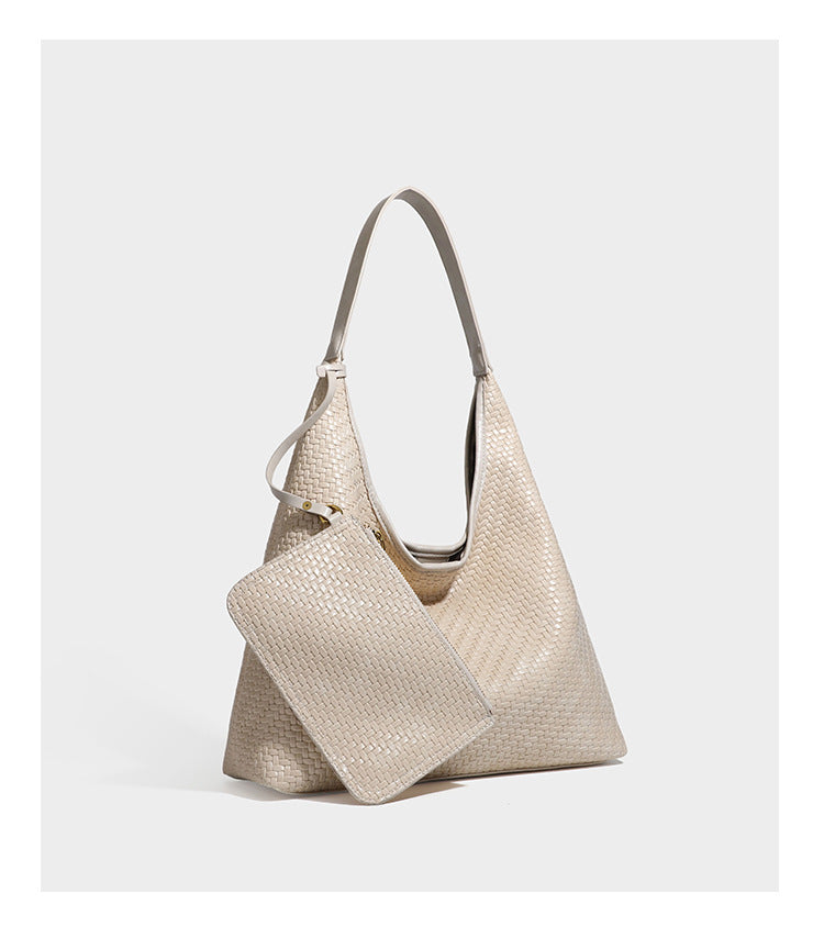 Slouchy woven leather-look hobo tote bag in brown with detachable zip pouch and gold-tone hardware, detail view 24