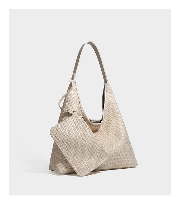 Slouchy woven leather-look hobo tote bag in brown with detachable zip pouch and gold-tone hardware, detail view 24