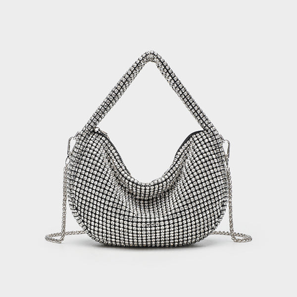 All-over crystal rhinestone hobo bag with silver chain strap and top handle, top zip closure, detail view 6
