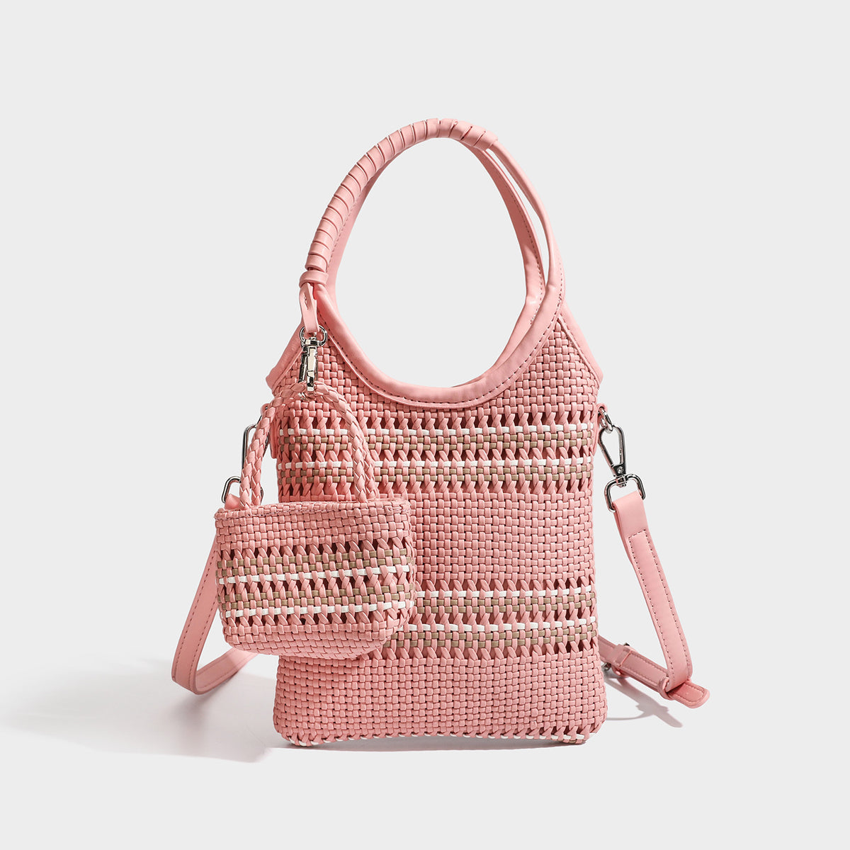 Brown two-tone woven leather-look shoulder bag with braided top handles, detachable mini pouch, and adjustable crossbody