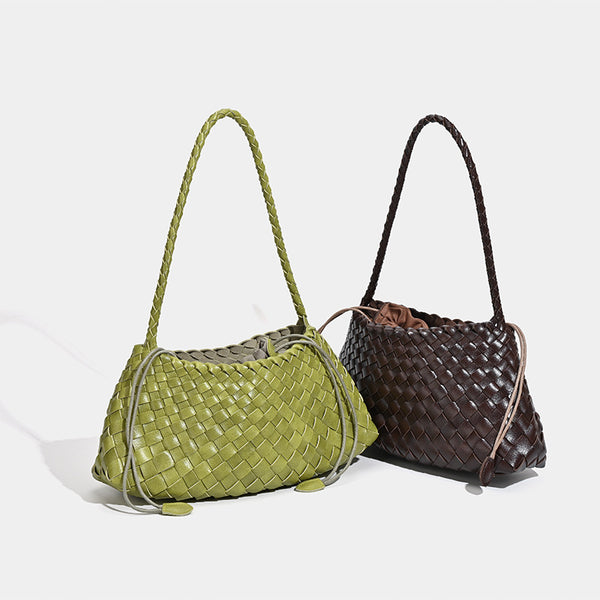 Soft woven shoulder bag with braided strap and drawstring top in olive green, detail view 2