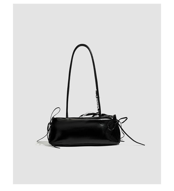 Compact glossy leather-look shoulder bag with lace bow and ribbon trim, detail view 14