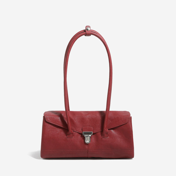 Compact structured rectangular flap shoulder bag with silver-tone turn-lock clasp and long rounded handles, detail view 7
