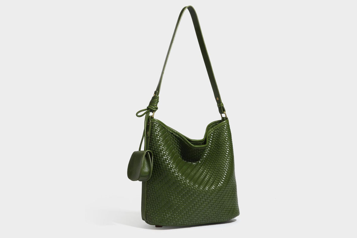 Woven-look slouchy hobo shoulder bag in brown with attached mini pouch and gold-tone hardware, detail view 40
