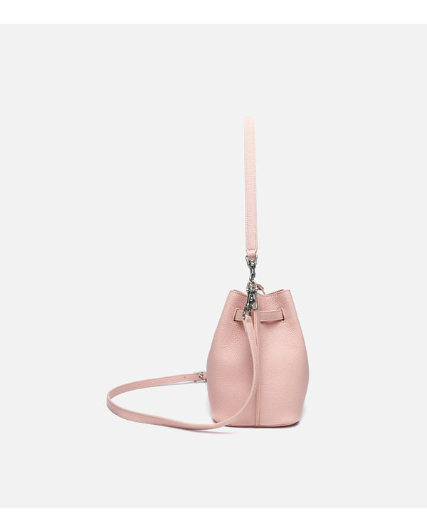 Soft-structured pebbled leather-look bucket bag with silver turn-lock front clasp and adjustable crossbody strap, detail view