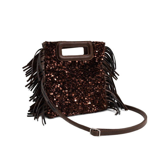 Small structured dark brown sequin handbag with leather-look fringe side trim and top cutout handle, detail view 5