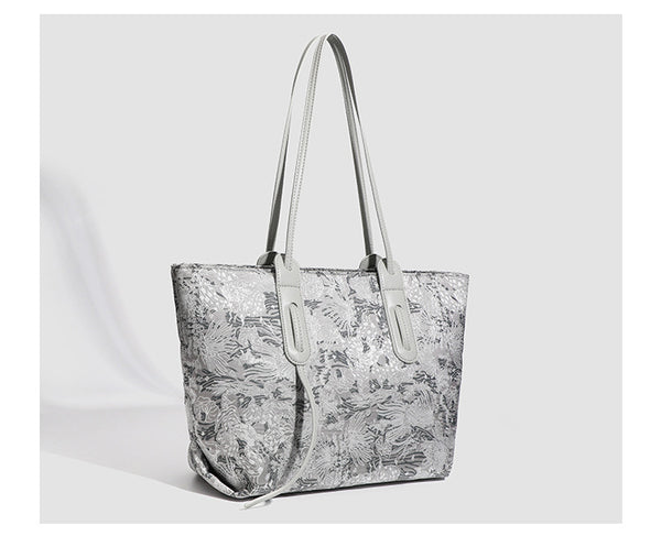 Large structured floral jacquard tote bag with long leather-look shoulder strap, detail view 13
