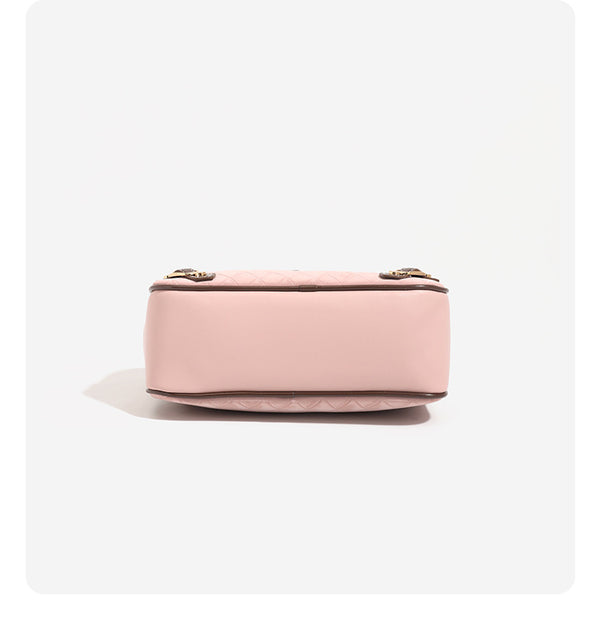 Small structured blush pink quilted diamond Boston barrel bag with brown leather-look trim, double top handles, heart accent