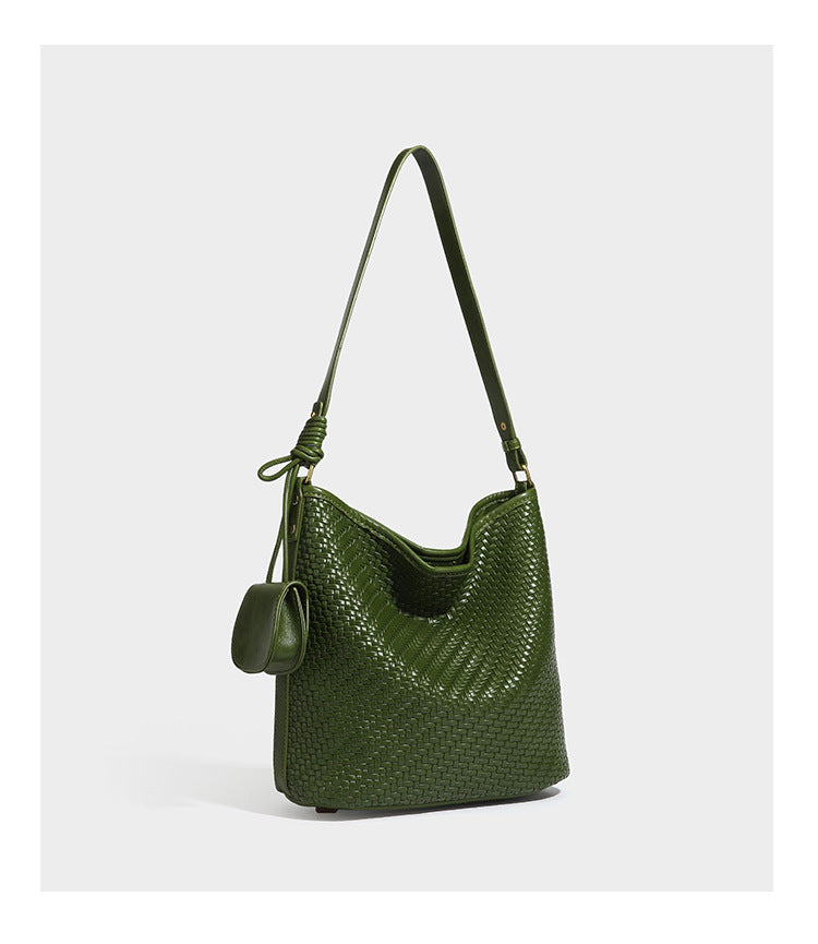Woven-look slouchy hobo shoulder bag in brown with attached mini pouch and gold-tone hardware, detail view 18