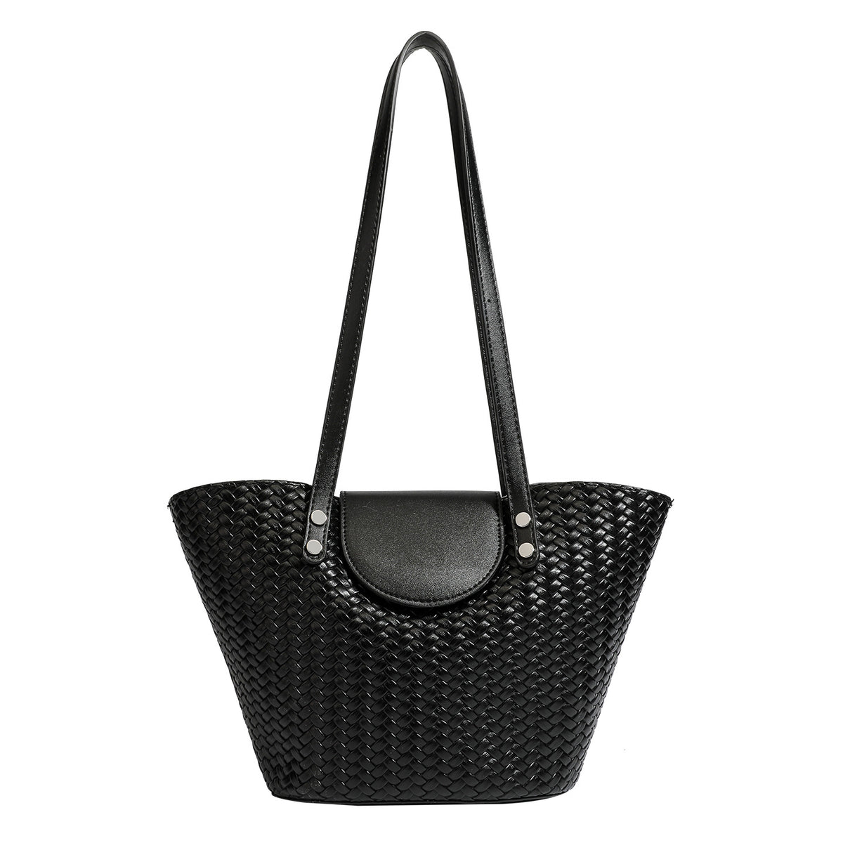 Schwarze geflochtene Trapez-Schultertasche mit glatter Frontklappe, silberfarbenen Nieten, zwei langen Riemen und passendem Innenetui mit Reißverschluss