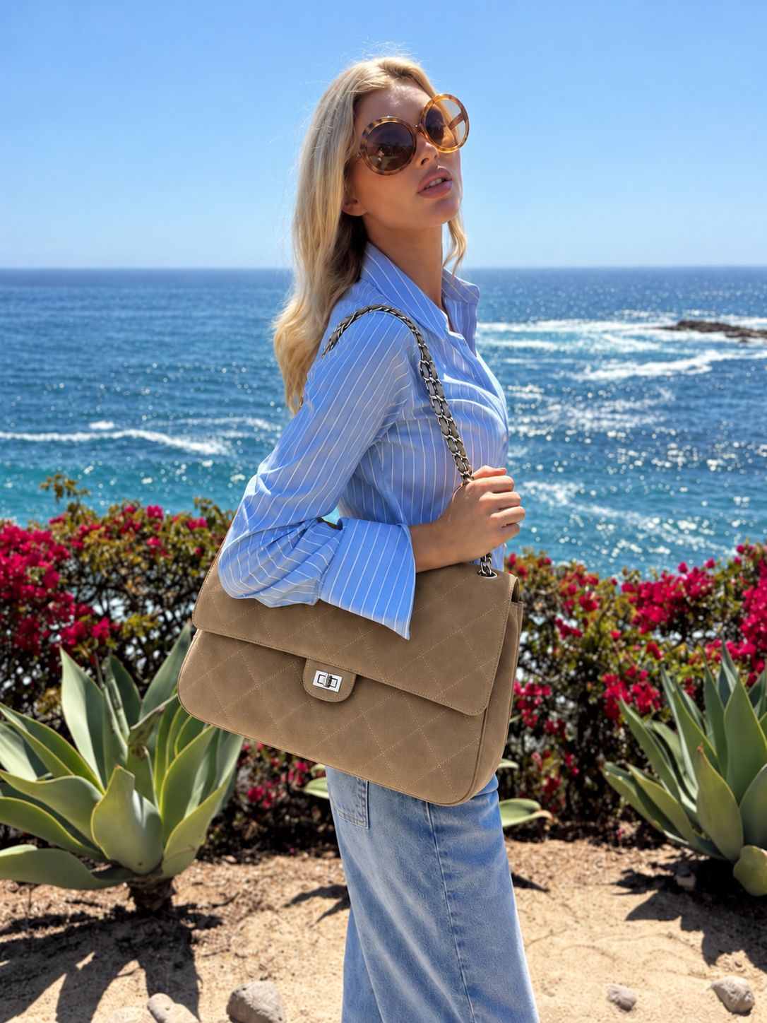 Quilted diamond-stitch flap shoulder bag with double silver chain strap and turn-lock closure in suede-look finish, detail