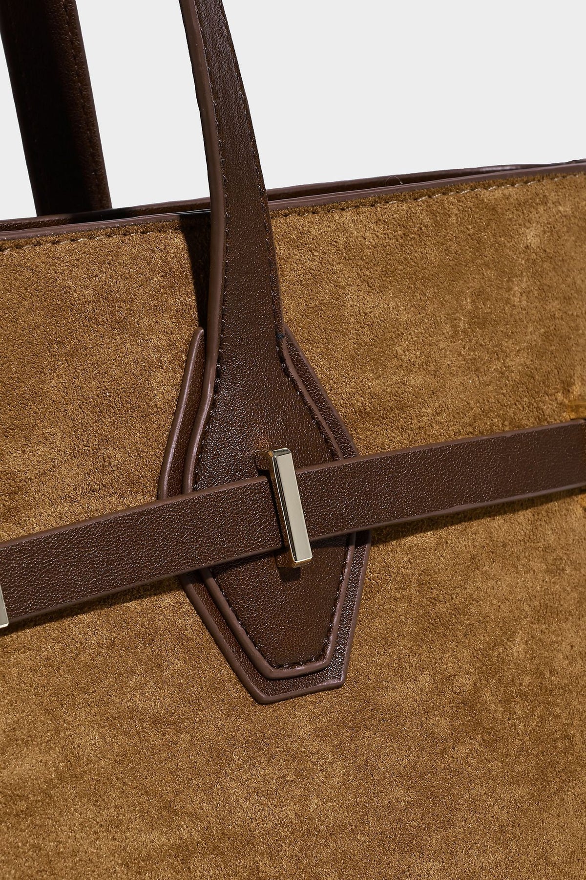 Structured suede-look shopper tote with wraparound belt strap and gold turn-lock clasp, long dark brown shoulder handles