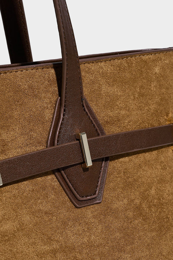 Structured suede-look shopper tote with wraparound belt strap and gold turn-lock clasp, long dark brown shoulder handles