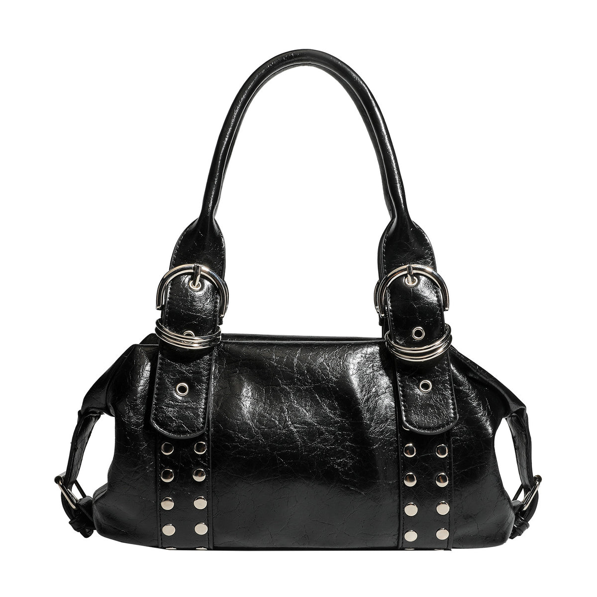 Compact black glossy leather-look satchel bag with silver-tone rivets, buckle hardware, and dual padded top handles, detail