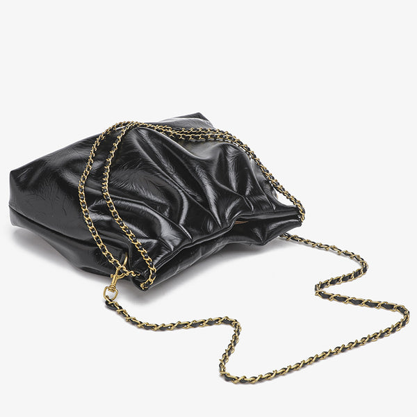 Ruched high-gloss leather-look hobo shoulder bag with gold-tone chain strap, detail view 4