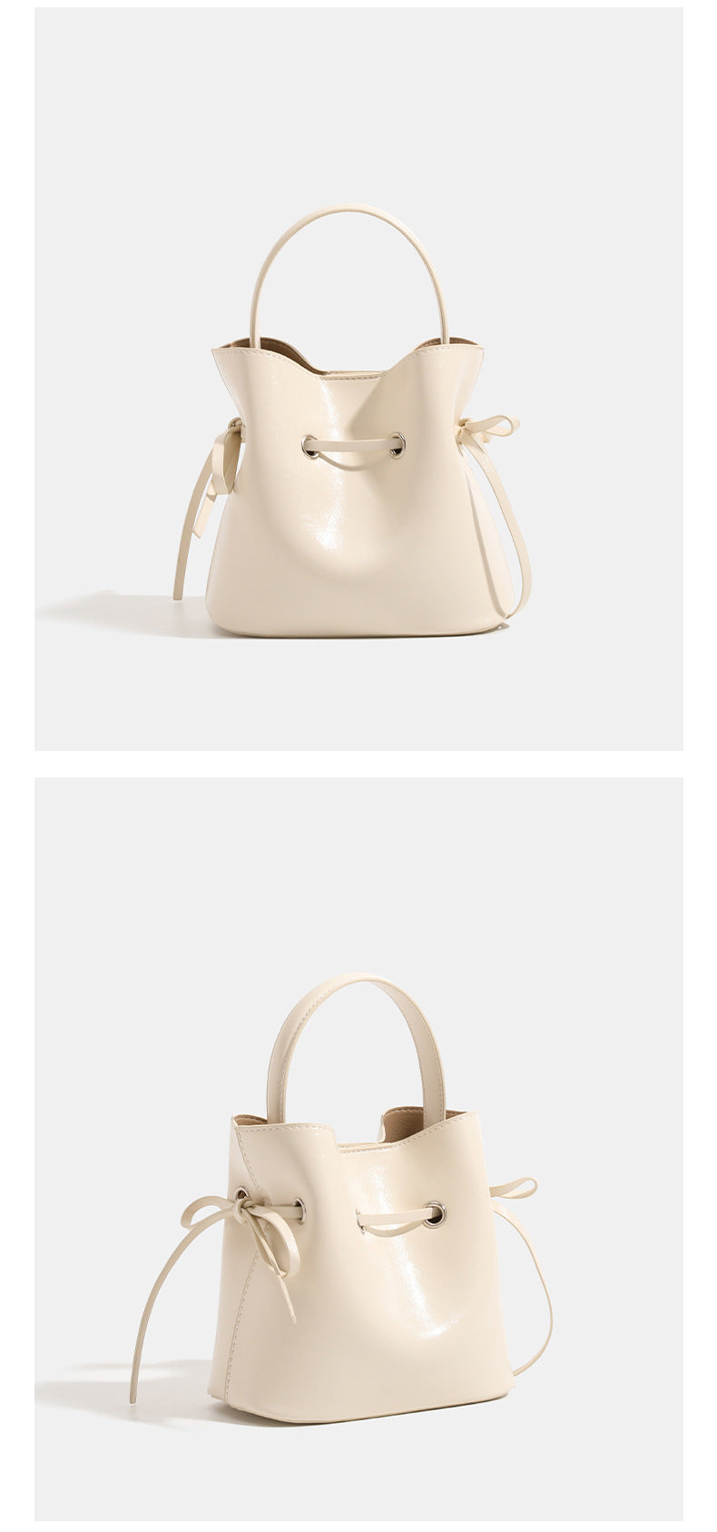 Compact glossy leather-look bucket bag with drawstring bow-tie closure, rounded top handle, and silver-tone grommet hardware