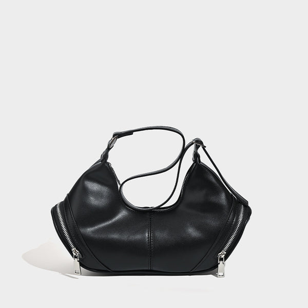 Mini-Hobo-Schultertasche in Halbmondform mit zwei seitlichen Reißverschlusstaschen und silberfarbenen Beschlägen, Detailansicht 6