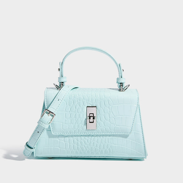 Small structured crocodile-embossed glossy top-handle satchel bag with silver-tone turn-lock clasp and detachable shoulder