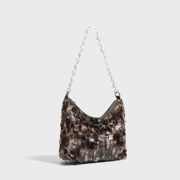 Small crescent sequin shoulder bag with pearl beaded strap and zip closure, detail view 2