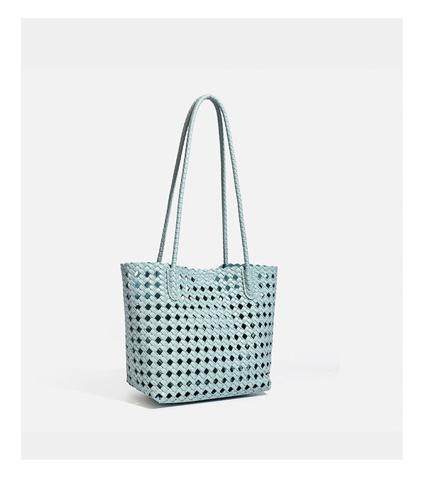 Chartreusefarbene, durchbrochen geflochtene Tote-Bag mit langen geflochtenen Schulterriemen und gewelltem oberen Rand, Detailansicht 26