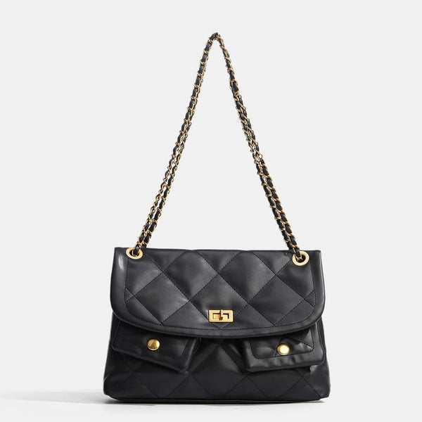 Quilted diamond flap shoulder bag with gold-tone chain strap and twist-lock closure, detail view 6