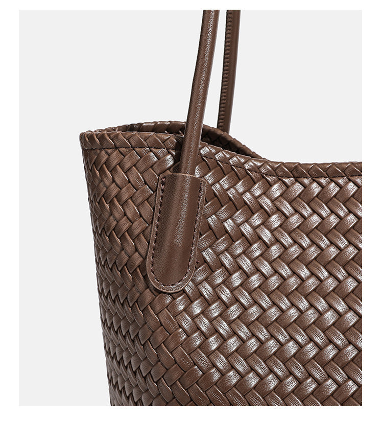 Structured woven leather-look tote bag with long shoulder straps and matching zippered pouch, detail view 23