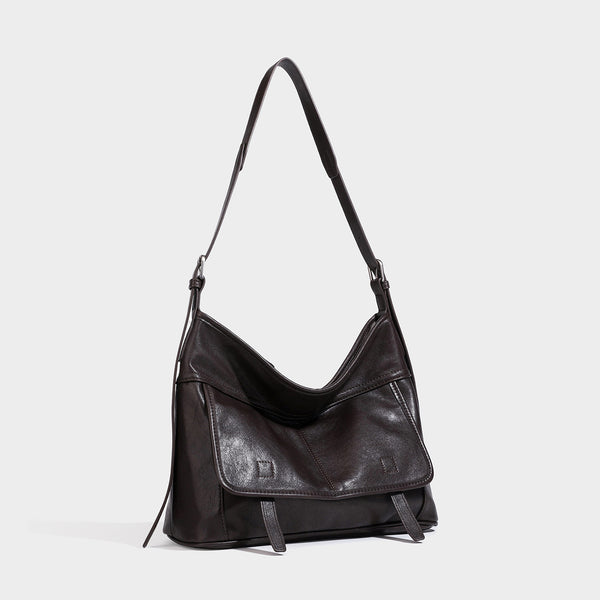 Weiche, geräumige Schulter-Crossbody-Tasche in Lederoptik mit vorderem Überschlagfach, Reißverschluss oben und langem verstellbarem Riemen