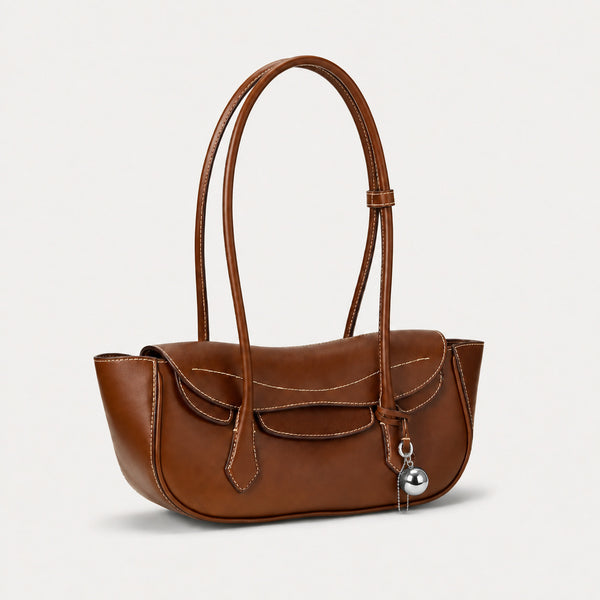 Structured leather-look flap shoulder bag with contrast stitching and silver ball charm hardware, detail view 18