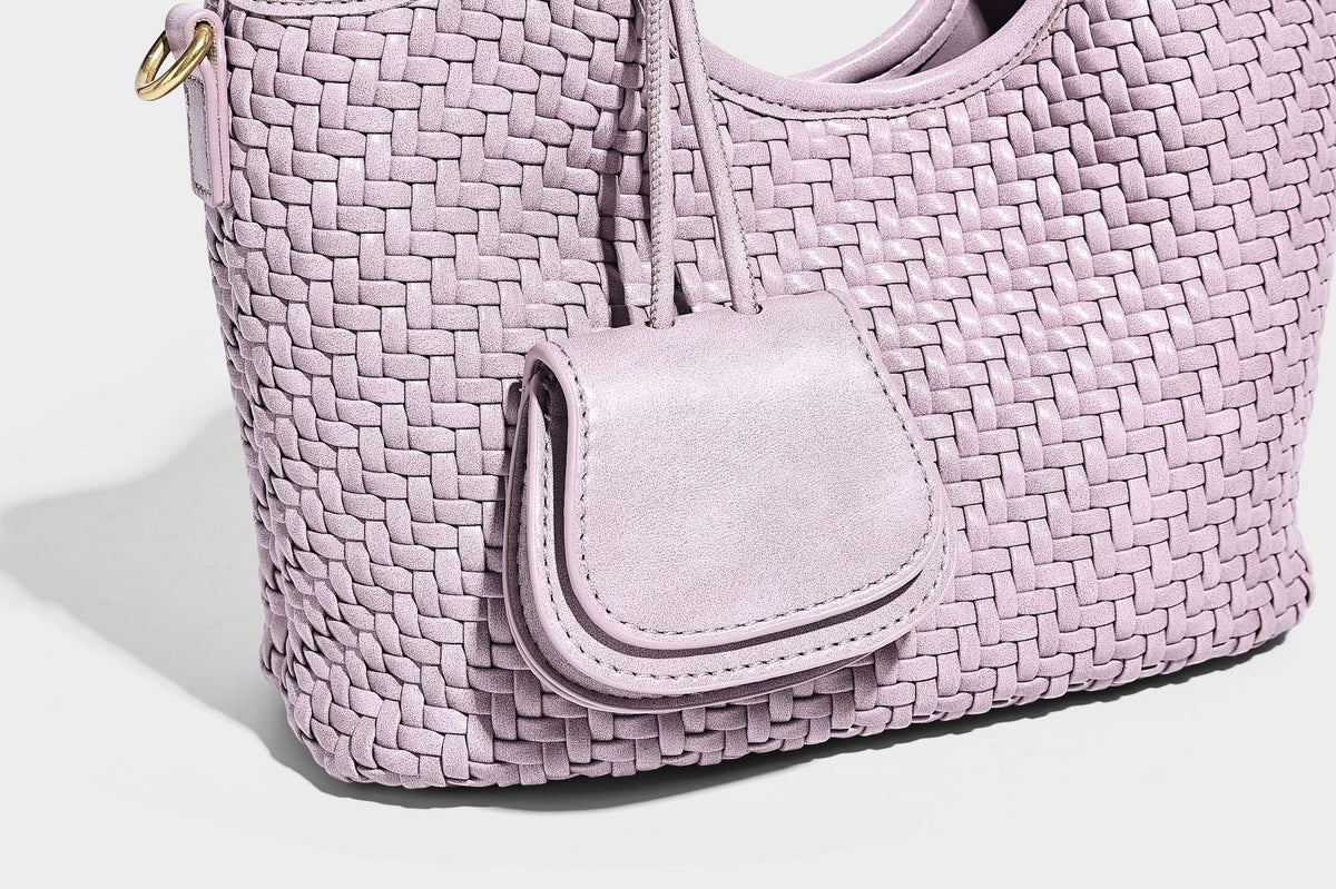 Woven texture tote bag with knotted top handles, attached front mini pouch, and gold-tone hardware, detail view 26