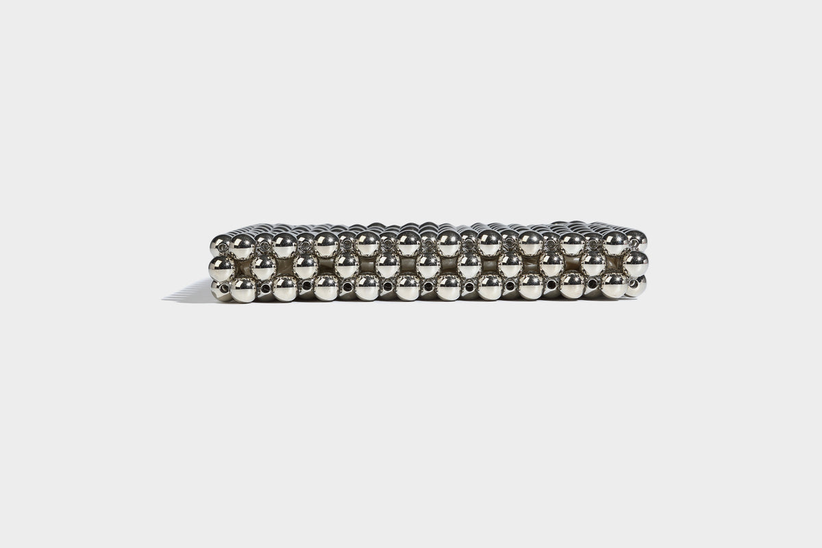 Small silver metallic beaded mini bag with braided rhinestone top handle and detachable chain crossbody strap, detail view 14