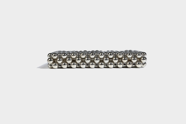 Small silver metallic beaded mini bag with braided rhinestone top handle and detachable chain crossbody strap, detail view 14