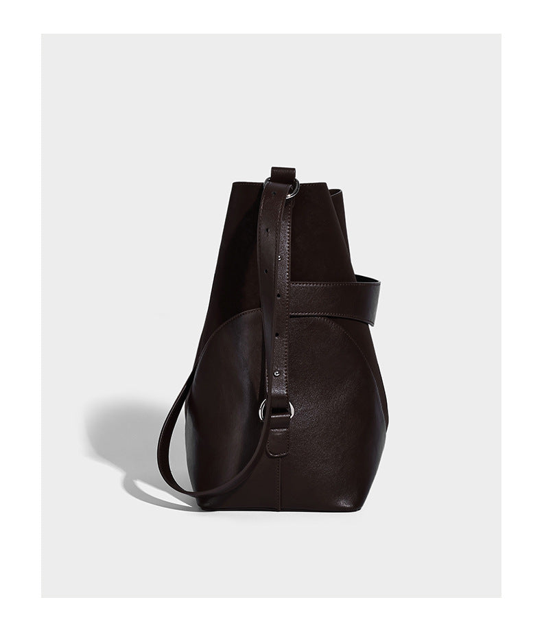 Large two-tone matte suede-effect and smooth leather-look bucket tote bag with detachable zip pouch and silver-tone hardware