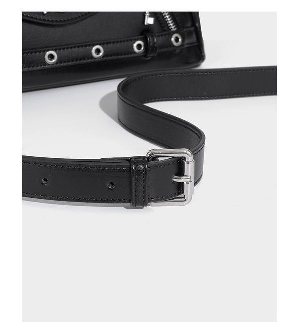 Structured black leather-look satchel bag with silver padlock hardware, front zip pockets, key charms, and top handles