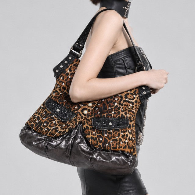 Corset-silhouette leopard-print shoulder bag with crystal and pearl-look stud hardware, front zip flap pockets, and, front