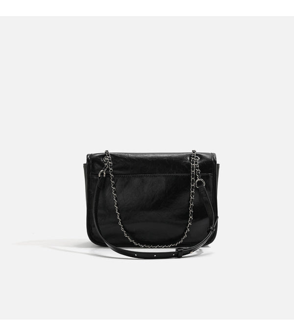 Structured glossy leather-look flap shoulder bag with silver-tone chain strap, detail view 12