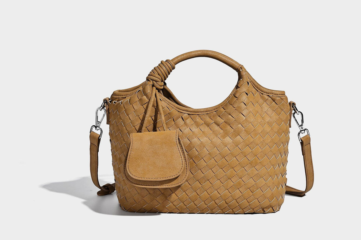 Wandelbare Tote-Schultertasche aus mattem Webmaterial mit geknoteten Tragegriffen, Vordertasche mit Klappe und abnehmbarem Schulterriemen, Detailansicht 20