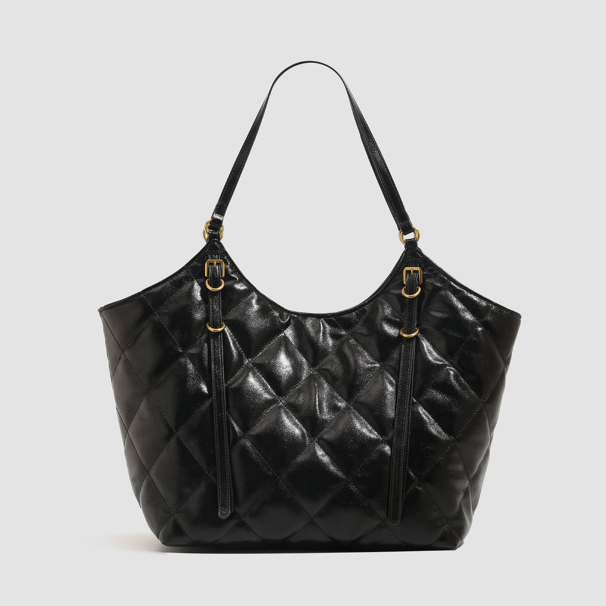 Large quilted diamond-pattern tote bag with glossy leather-look finish, dual flat shoulder straps, and gold-tone hardware