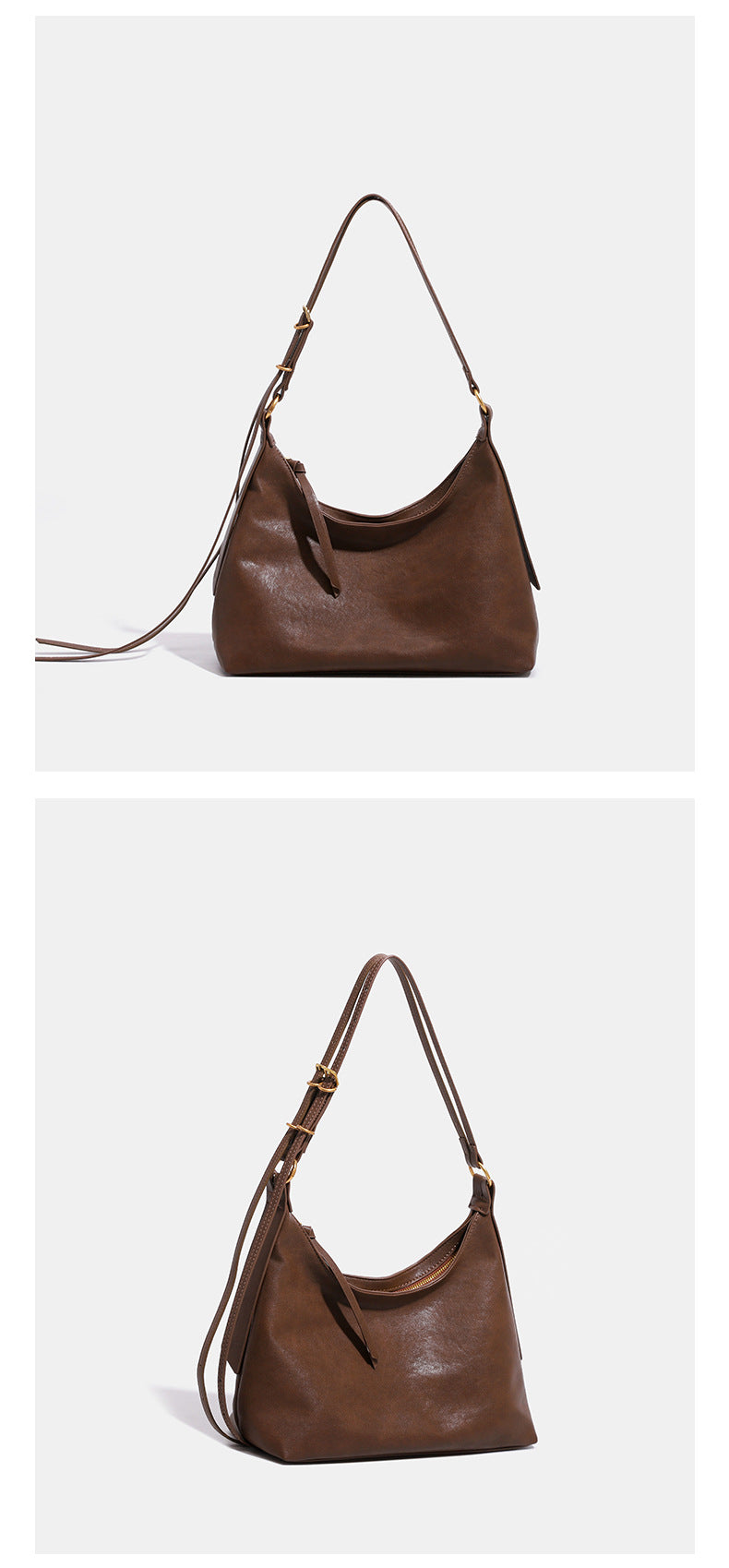 Slouchy hobo shoulder bag in smooth leather-look finish with gold-tone hardware and adjustable strap, detail view 10