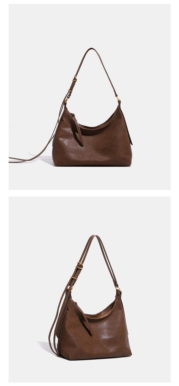 Slouchy hobo shoulder bag in smooth leather-look finish with gold-tone hardware and adjustable strap, detail view 10